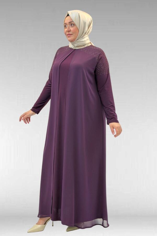 42003 Büyük Beden Taş Detaylı Sandy-Şifon Elbise - Mürdüm - 2