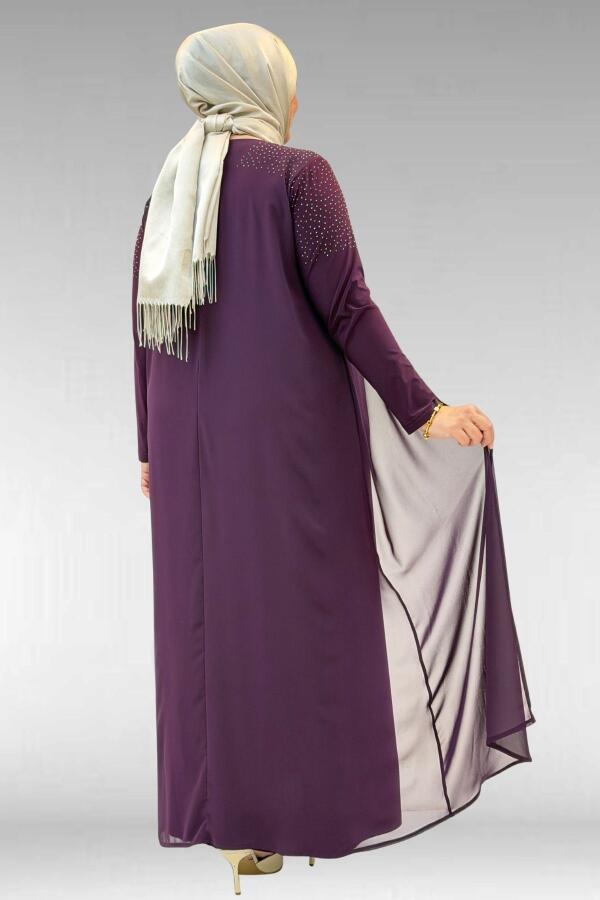 42003 Büyük Beden Taş Detaylı Sandy-Şifon Elbise - Mürdüm - 3