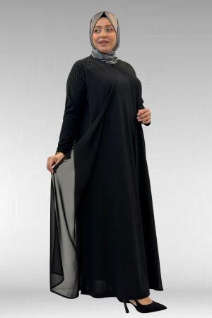 42003 Büyük Beden Taş Detaylı Sandy-Şifon Elbise - Siyah - 