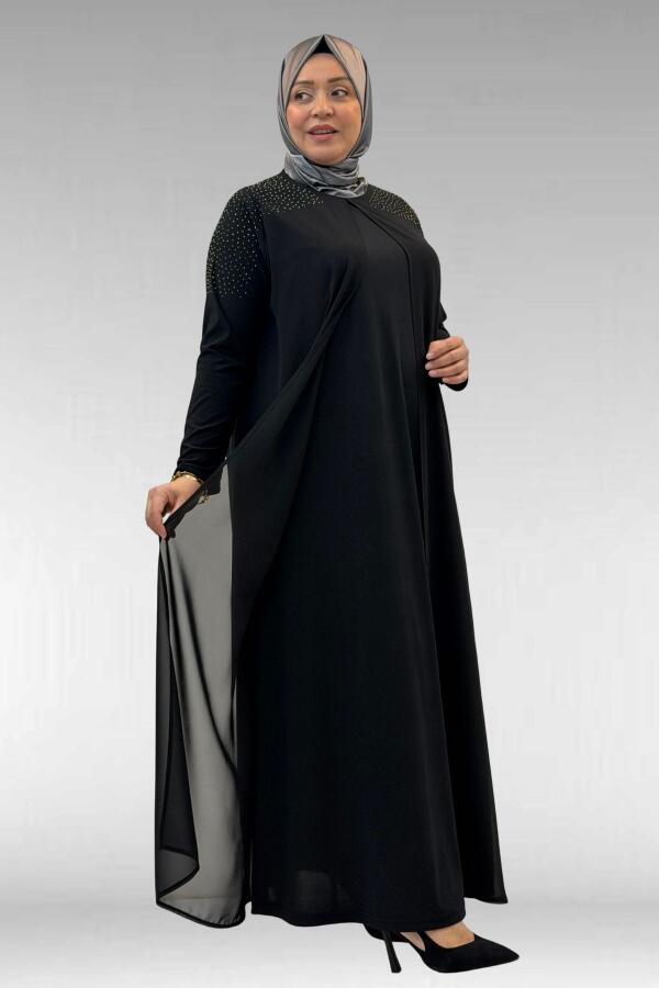 42003 Büyük Beden Taş Detaylı Sandy-Şifon Elbise - Siyah - 1