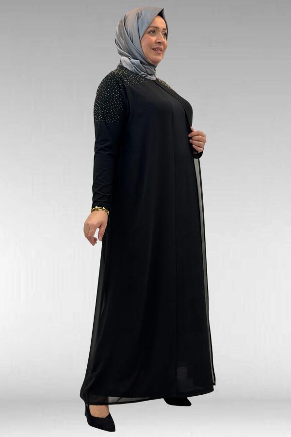 42003 Büyük Beden Taş Detaylı Sandy-Şifon Elbise - Siyah - 2
