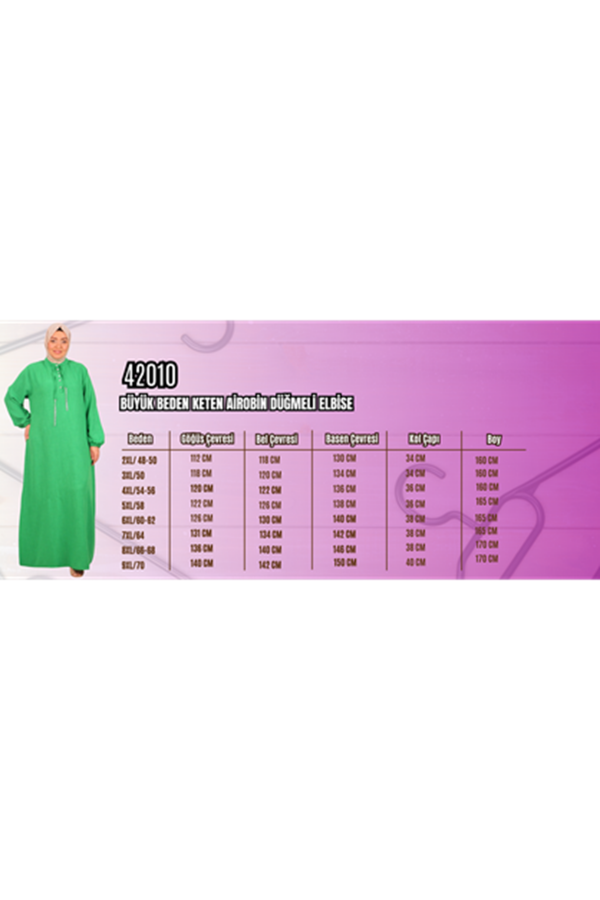 42010 Büyük Beden Keten Airobin Zincir Detaylı Elbise - Saks - 2