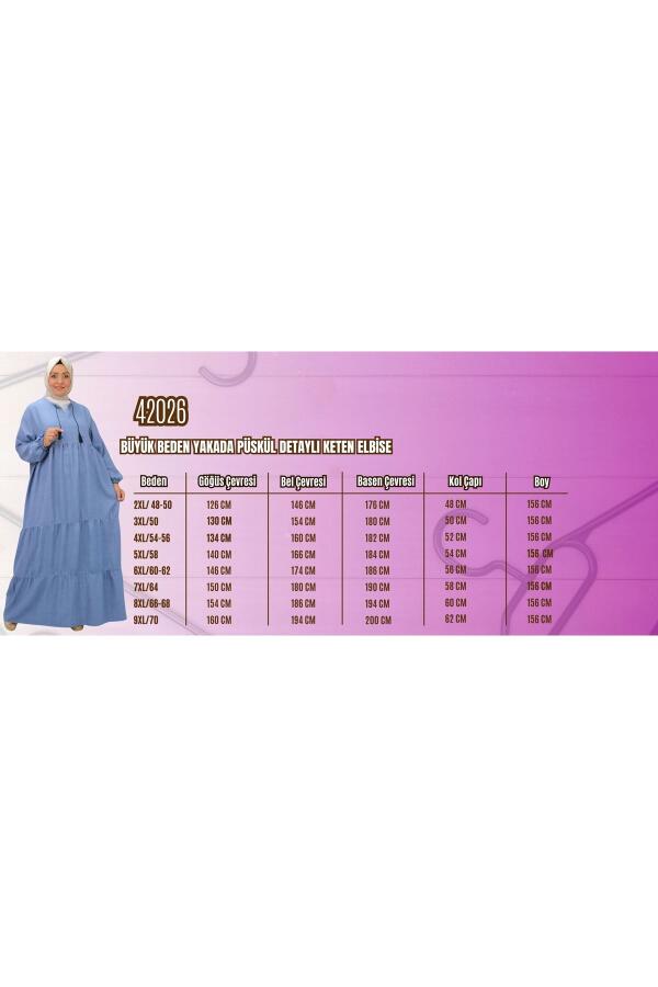 42026 Büyük Beden Yakada Püskül Detaylı Keten Elbise - Sütlü Kahve - 3