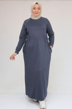 42032 Büyük Beden Beli Lastikli Modal Elbise - Antrasit - 