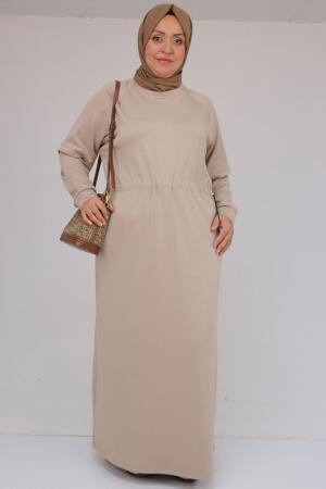 42032 Büyük Beden Beli Lastikli Modal Elbise - Bej - 