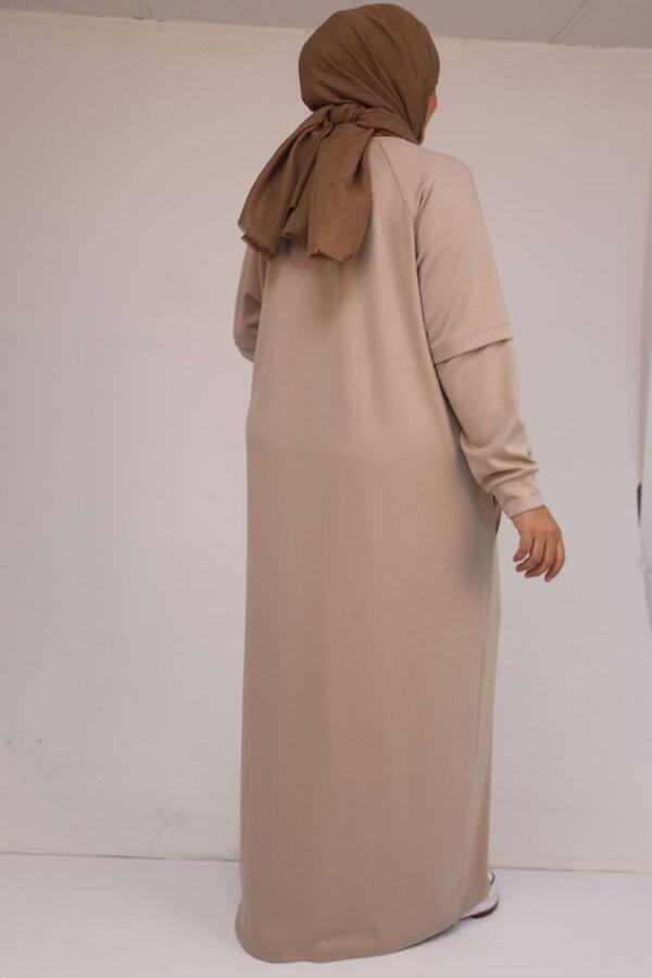 42032 Büyük Beden Beli Lastikli Modal Elbise - Bej - 3