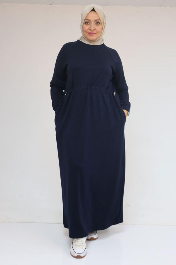 42032 Büyük Beden Beli Lastikli Modal Elbise - Lacivert - 1