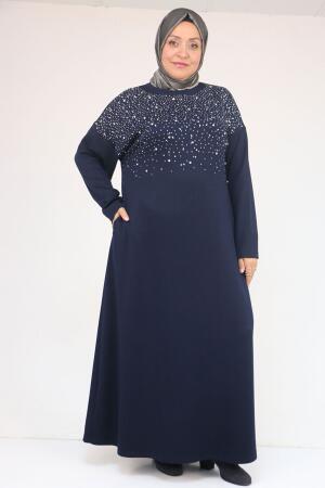 42033 Büyük Beden Yandan Cepli Modal Elbise - Lacivert - 