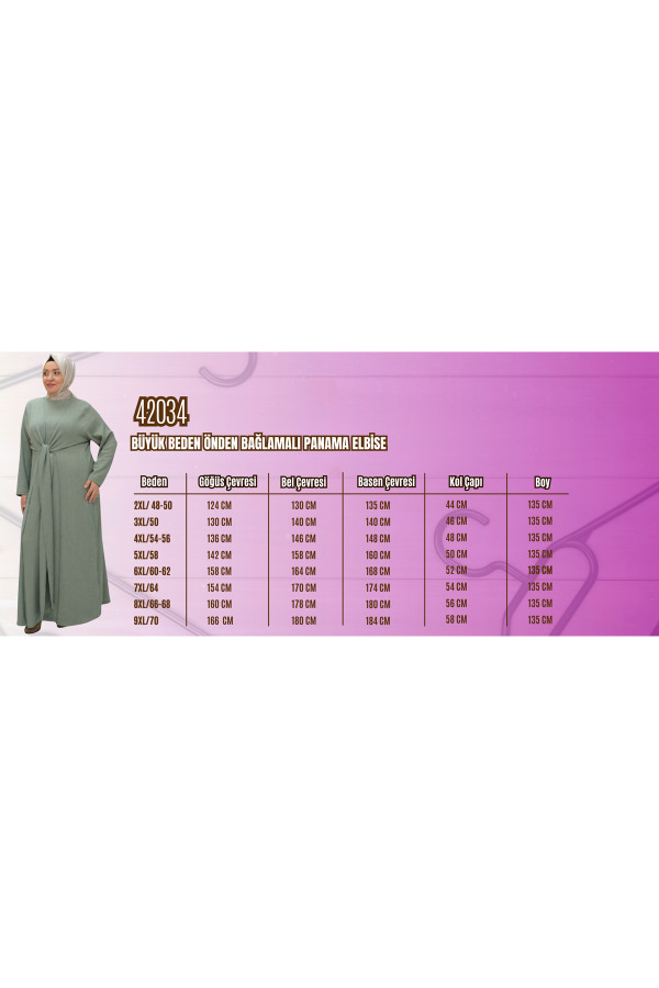 42034 Büyük Beden Önden Bağlamalı Panama Elbise - Mürdüm - 2