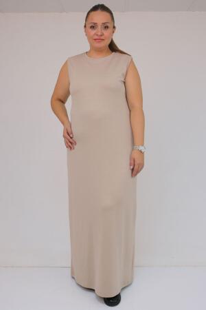 42050 Büyük Beden Modal Kolsuz Elbise - Bej - 
