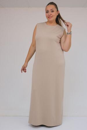 42050 Büyük Beden Modal Kolsuz Elbise - Bej - 3