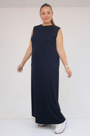 42050 Büyük Beden Modal Kolsuz Elbise - Lacivert - 