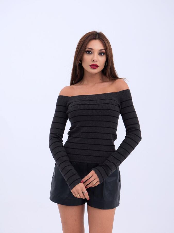 4206 TRİKO ÇİZGİLİ KAYIK YAKA CROP-ANTRASİT-SİYAH - 3