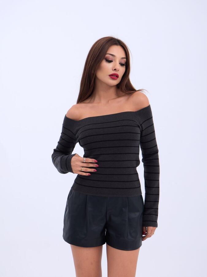 4206 TRİKO ÇİZGİLİ KAYIK YAKA CROP-ANTRASİT-SİYAH - 4