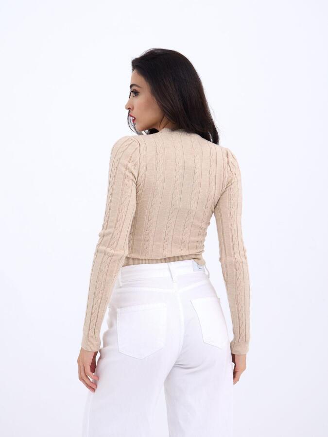 42491 TRİKO SAÇ ÖRGÜ CROP KAZAK-VİZON - 4