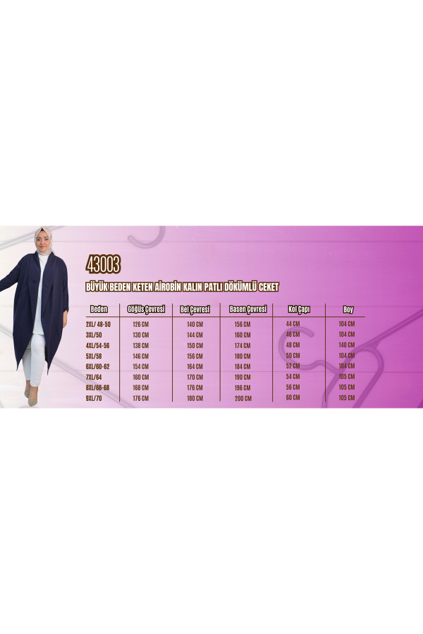 43003 Büyük BedenKeten Airobin Kalın Patlı Dökümlü Ceket - Lacivert - 2