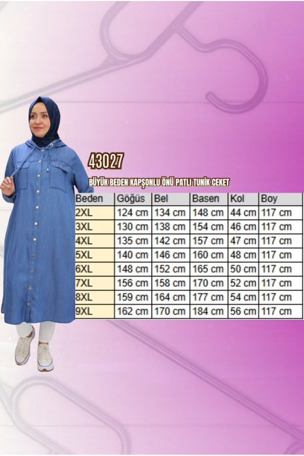 43027 Büyük Beden Kapşonlu Önü Patlı Tunik Ceket - Buz Mavi - 2