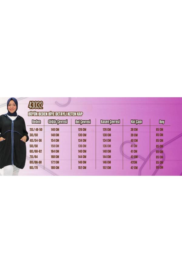 43032 Büyük Beden Biye Detaylı Keten Kap - Siyah - 2