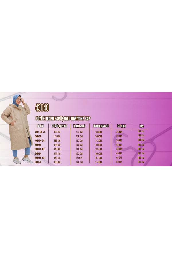 43048 Büyük Beden Kapüşonlu Kapitone Kap - Siyah - 2