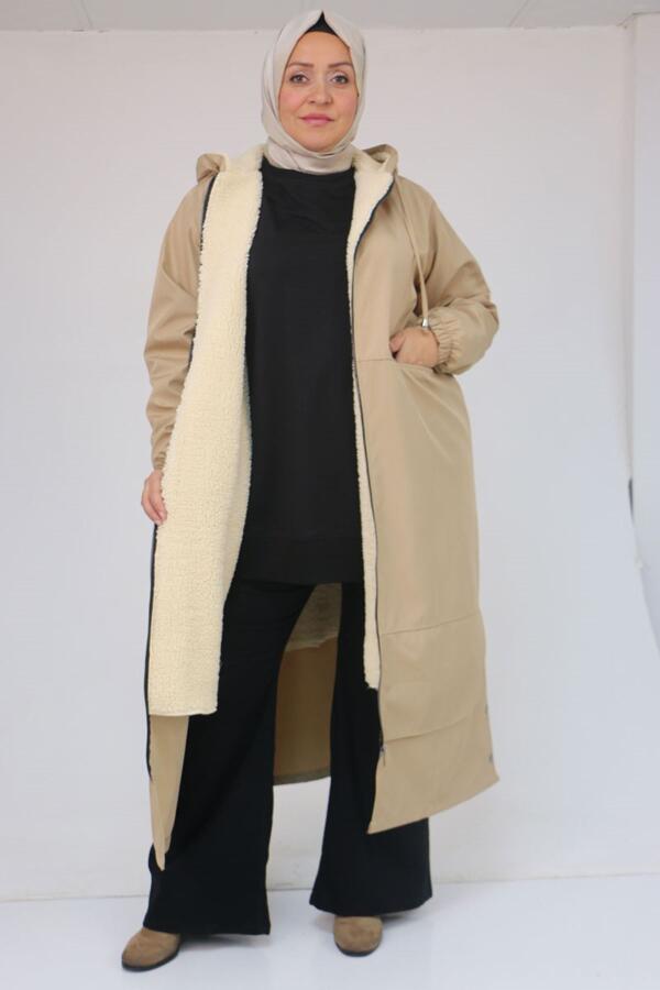 43062 Büyük Beden Kolları Lastikli Kapşonlu Bondit Kap - Bej - 1