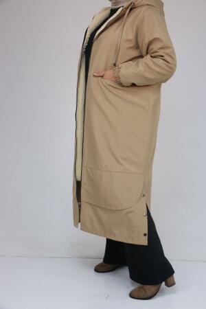 43062 Büyük Beden Kolları Lastikli Kapşonlu Bondit Kap - Bej - (1)