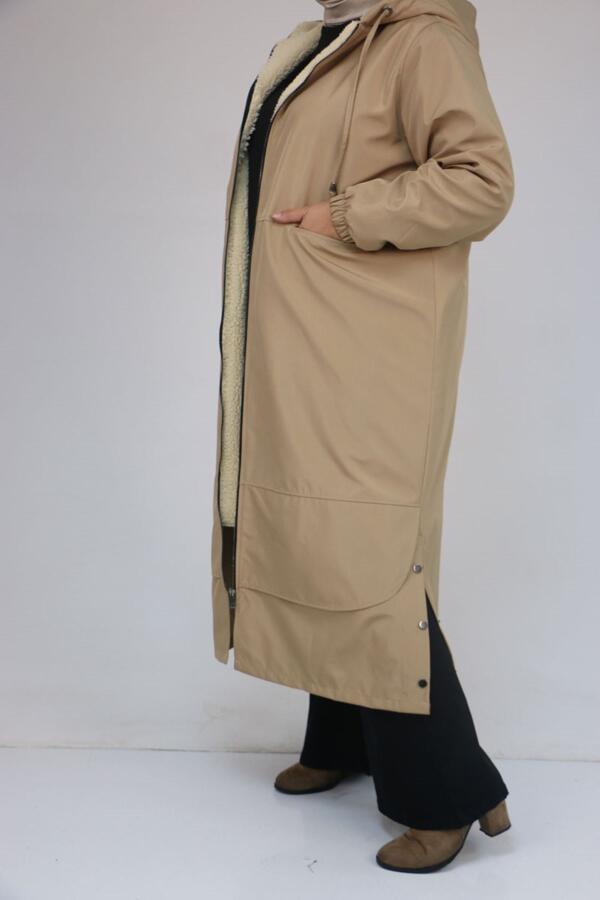 43062 Büyük Beden Kolları Lastikli Kapşonlu Bondit Kap - Bej - 2