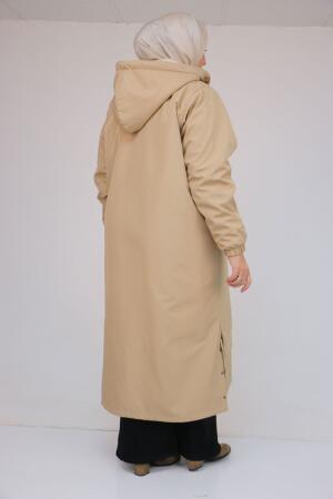 43062 Büyük Beden Kolları Lastikli Kapşonlu Bondit Kap - Bej - 3