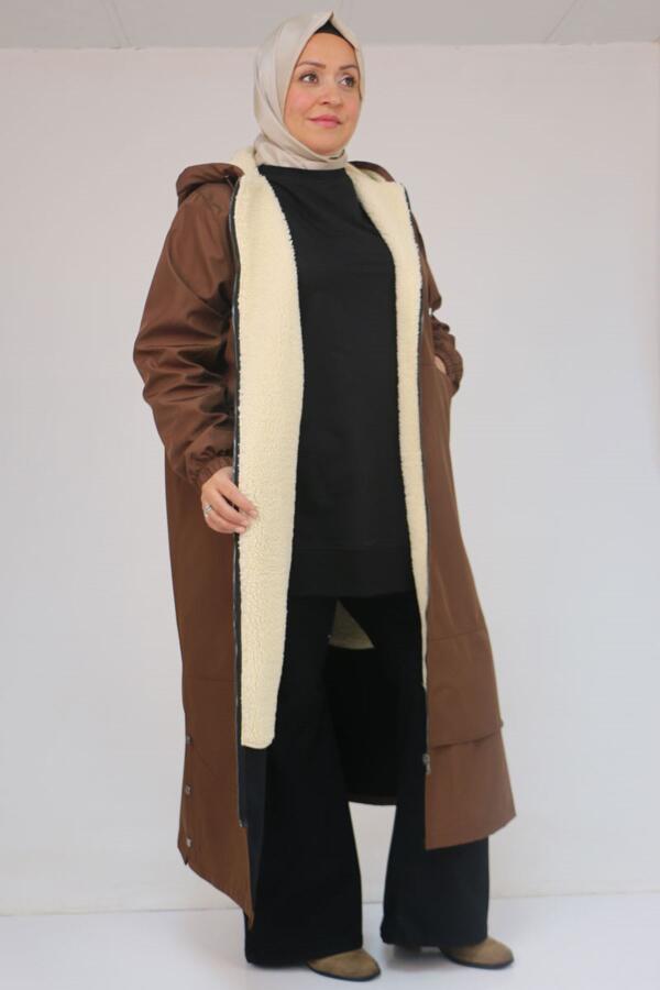 43062 Büyük Beden Kolları Lastikli Kapşonlu Bondit Kap - Kahve - 2