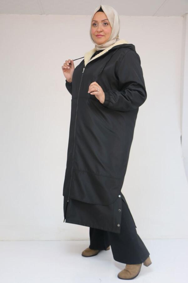 43062 Büyük Beden Kolları Lastikli Kapşonlu Bondit Kap - Siyah - 1