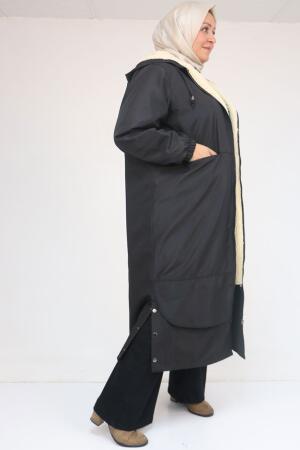 43062 Büyük Beden Kolları Lastikli Kapşonlu Bondit Kap - Siyah - (1)