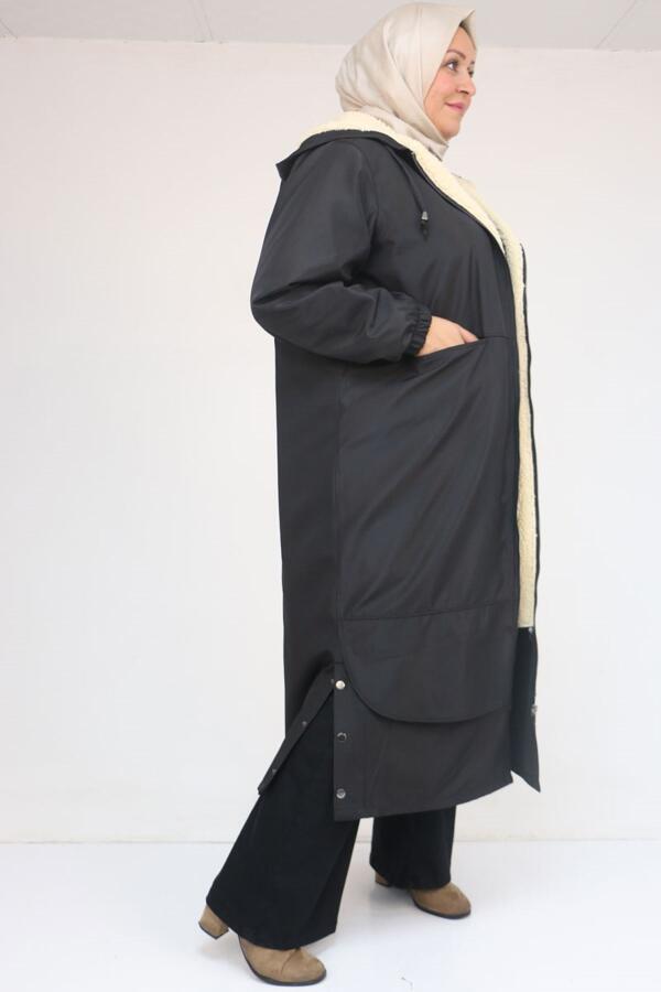 43062 Büyük Beden Kolları Lastikli Kapşonlu Bondit Kap - Siyah - 2