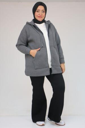 43069 Büyük Beden Eteği Ribanalı Üç İplik Ceket - Antrasit - 