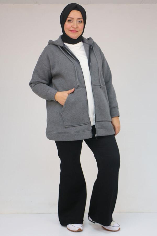 43069 Büyük Beden Eteği Ribanalı Üç İplik Ceket - Antrasit - 1