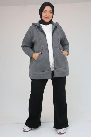 43069 Büyük Beden Eteği Ribanalı Üç İplik Ceket - Antrasit - 3