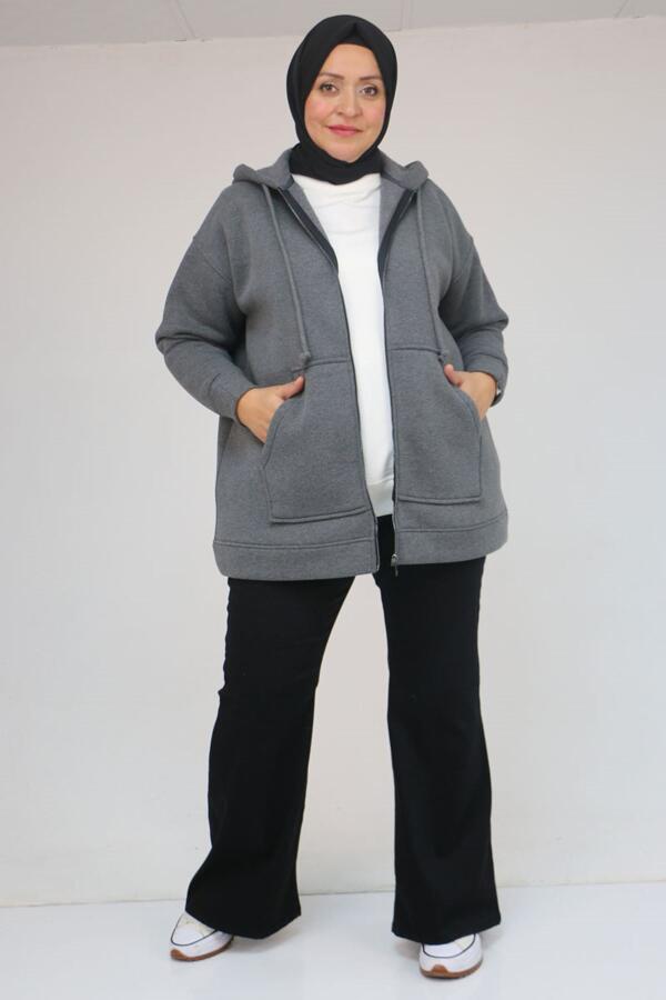 43069 Büyük Beden Eteği Ribanalı Üç İplik Ceket - Antrasit - 3