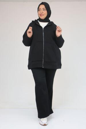 43069 Büyük Beden Eteği Ribanalı Üç İplik Ceket - Siyah - 
