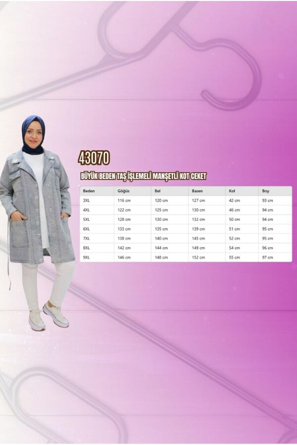 43070 Büyük Beden Taş İşlemeli Manşetli Kot Ceket - Gri - 2
