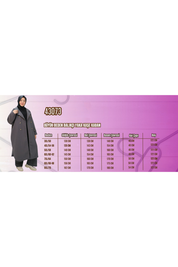 43073 Büyük Beden Balıkçı Yaka Kaşe Kaban - Siyah - 2