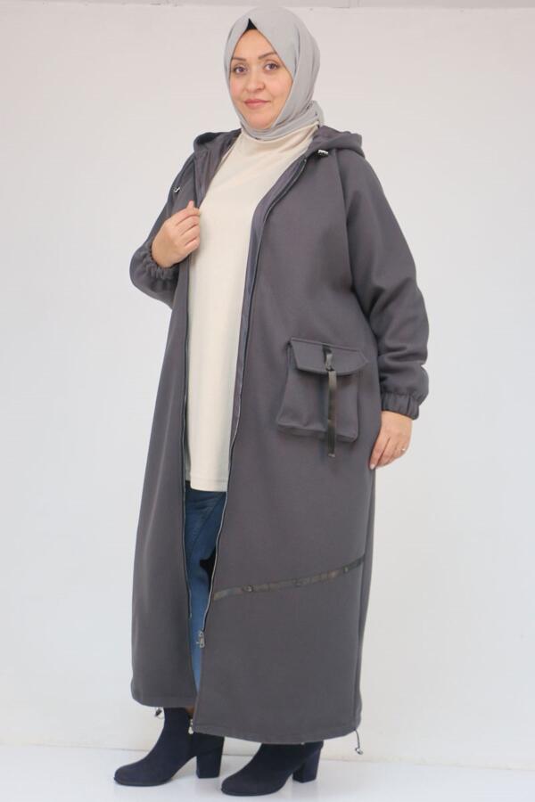 43082 Büyük Beden Eteği Bebe Lastikli Kaşe Kaban - Antrasit - 3