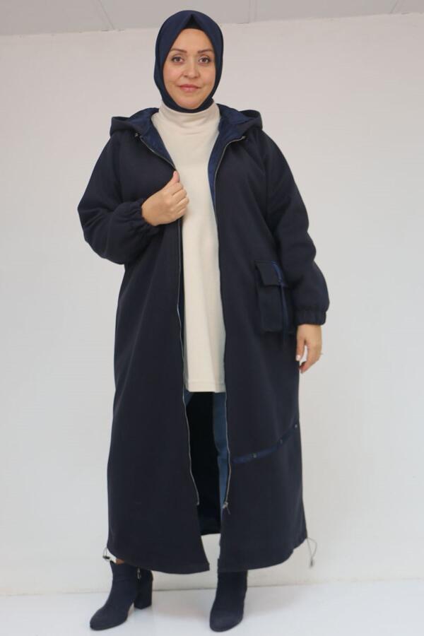 43082 Büyük Beden Eteği Bebe Lastikli Kaşe Kaban - Lacivert - 3