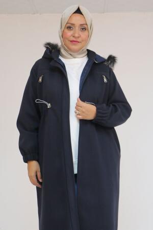 43087 Büyük Beden Kolları Lastikli Kapşonlu Kaşe Kaban - Lacivert - 1