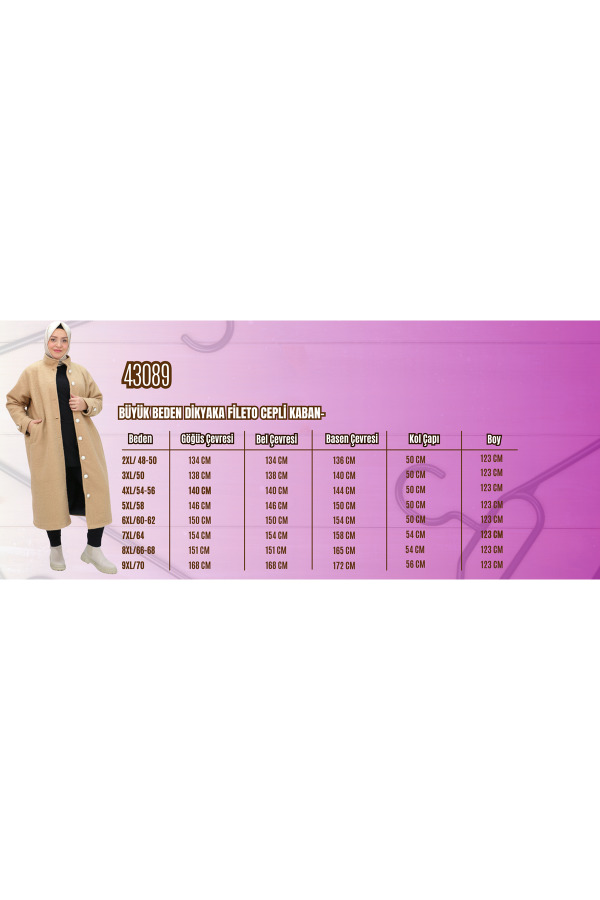 43089 Büyük Beden Dikyaka Fileto Cepli Kaban - Gül Kurusu - 2