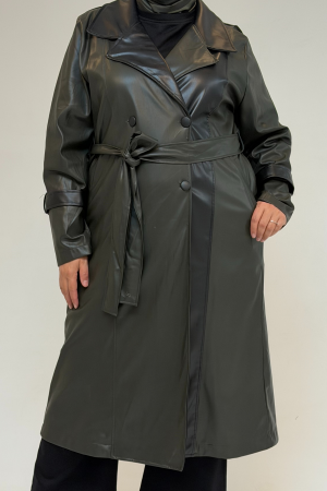 43099 Büyük Beden Deri Kombinli Düğmeli Kap - Haki - (1)