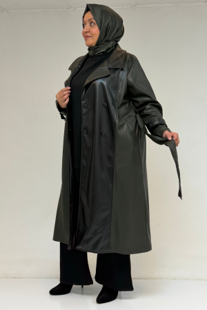 43099 Büyük Beden Deri Kombinli Düğmeli Kap - Haki - 3