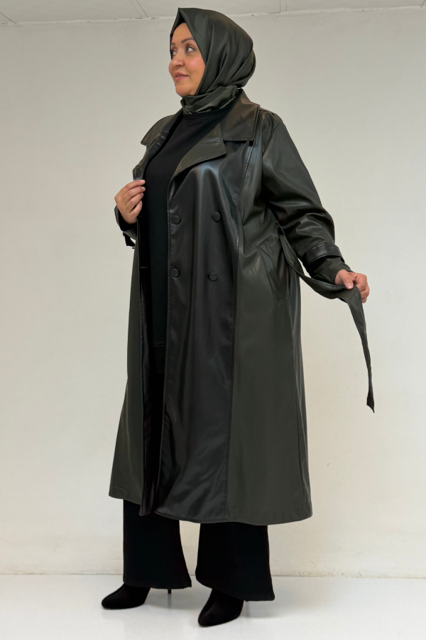 43099 Büyük Beden Deri Kombinli Düğmeli Kap - Haki - 3