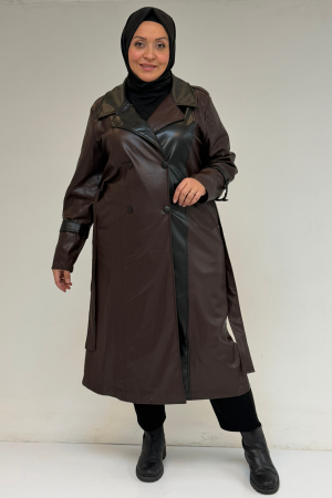 43099 Büyük Beden Deri Kombinli Düğmeli Kap - Kahve - 
