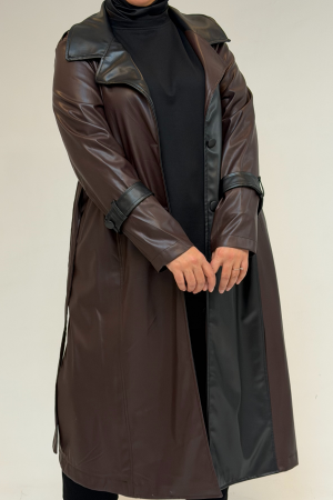 43099 Büyük Beden Deri Kombinli Düğmeli Kap - Kahve - (1)