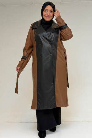 43099 Büyük Beden Deri Kombinli Düğmeli Kap - Taba - 