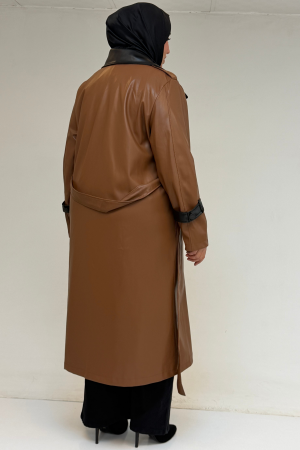 43099 Büyük Beden Deri Kombinli Düğmeli Kap - Taba - (1)