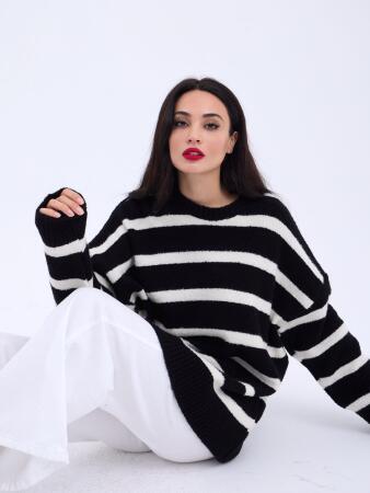 43111 TRİKO ÇİZGİLİ SALAŞ KAZAK-SİYAH-EKRU - 3